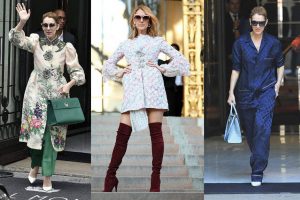 Céline deslumbró en un pijama de Louis Vuitton, look beige y verde de Gucci, y abrigo-vestido de Giambattista Valli.